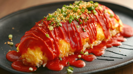 A high-resolution photo of a generous serving of omurice with a rich tomato sauce drizzled on top, highlighting the dish's vibrant colors and appetizing presentation.の素材