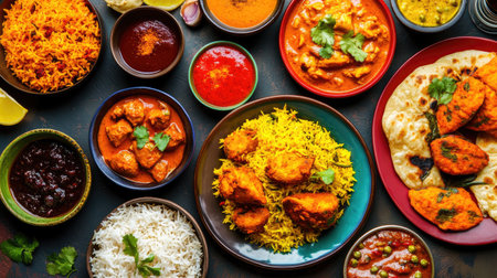 A vibrant spread of traditional Indian dishes, including biryani, naan bread, chicken curry, and samosas, served on a colorful platter with fresh herbs and spices.の素材