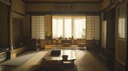 A high-resolution photo of the interior of a Japanese house, showcasing tatami mats, low wooden furniture, and a minimalist aesthetic with sliding doors and natural light.の素材