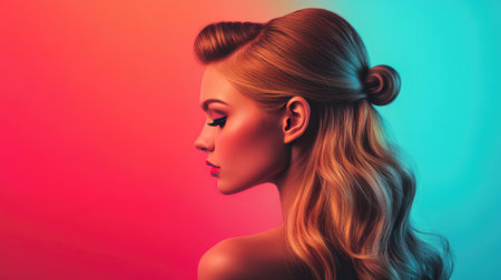 A vibrant shot of a woman with a half-up, half-down hairstyle, featuring smooth, straight sections combined with voluminous curls or waves.の素材