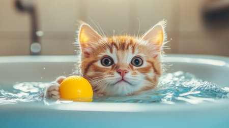 A charming orange cat enjoys a playful moment in a bathtub filled with water. The feline, with bright eyes and soft fur, interacts with a yellow ball, exuding curiosity and joy.の素材