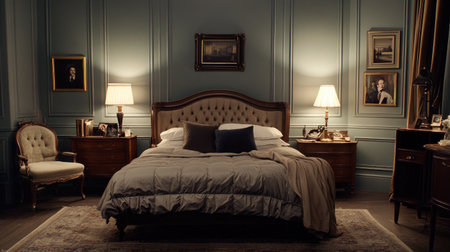 A sophisticated bedroom with an accent wall, stylish bedside lamps, and a mix of textures in the bedding, perfectly balancing elegance and modern comfort.の素材