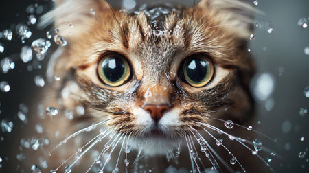 A close-up of a cat's face with wide eyes and whiskers wet, as it tries to catch water droplets from a spraying bottle in a playful manner.の素材