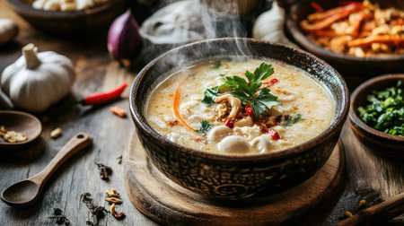 An artistic shot of a steaming bowl of  placed on a rustic wooden table, with a background of Thai kitchen utensils and ingredients for a cozy, authentic feel.の素材
