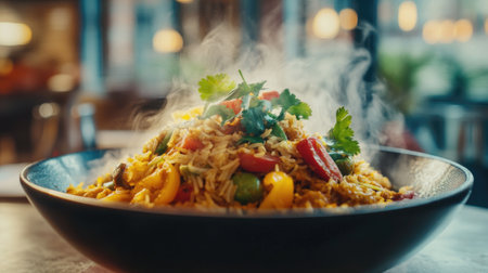 A close-up shot of steaming curry fried rice served in a bowl, showcasing the mix of colorful ingredients and aromatic spices in a cozy dining setting.の素材