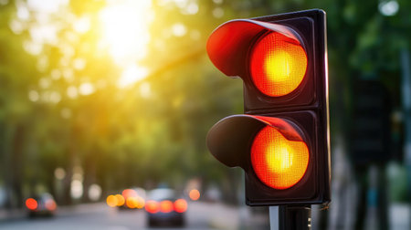 A traffic light at an intersection, with a blurred motion effect of cars passing by, highlighting the dynamic nature of urban transportation.の素材