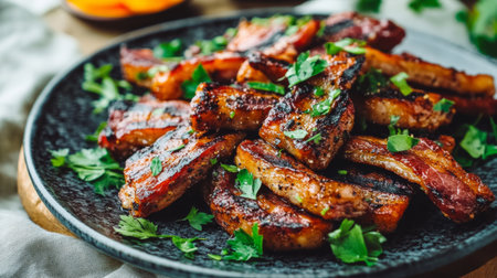 This mouthwatering image features grilled meat slices garnished with fresh herbs, perfect for any culinary project or food-related content.の素材