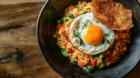 An overhead view of a serving of curry fried rice with a side of crispy fried egg, highlighting the combination of textures and flavors in a casual dining environment.の素材