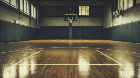 A high-quality image of a basketball court before a game, with neatly lined markings, a well-maintained hoop, and a polished hardwood floor.の素材