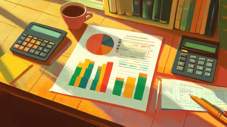 A high-resolution image of a financial report featuring colorful bar charts and graphs, placed on a desk with a calculator, notepad, and a cup of coffee.の素材