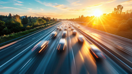 A dynamic image of cars speeding on an expressway during the day, with clear blue skies and sun rays casting long shadows on the road.の素材