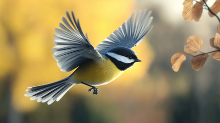 A dynamic scene of a bird taking off from a branch, with its wings fully extended and a blurred background to emphasize the speed and motion of its flight.の素材