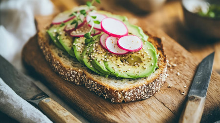 A close-up of toast topped with creamy avocado, radish slices, and a sprinkle of sesame seeds, served on a wooden board with a knife and napkin beside it.の素材