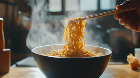 A dynamic shot of a person enjoying a bowl of instant noodles with chopsticks, with a focus on the noodles being lifted from the bowl and a background of kitchen setting.の素材