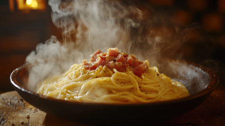 A dynamic shot of a steaming plate of spaghetti carbonara, with crispy pancetta, creamy sauce, and a generous amount of black pepper, served in a rustic setting.の素材