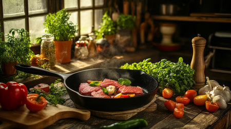 A beautiful display of fresh ingredients como peppers and herbs with sizzling meat in a rustic kitchen. Perfect for food lovers and culinary enthusiasts.の素材