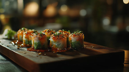 Enjoy vibrant sushi rolls drizzled with flavorful sauce on a rustic wooden board, perfect for culinary enthusiasts and food lovers.の素材