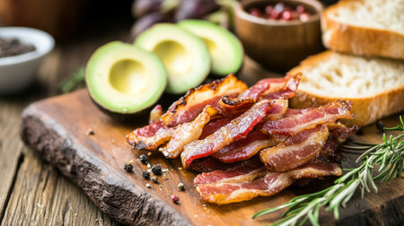 A delicious arrangement showcasing crispy bacon slices with fresh avocado and bread. Perfect for breakfast or brunch, this photo highlights savory flavors.の素材
