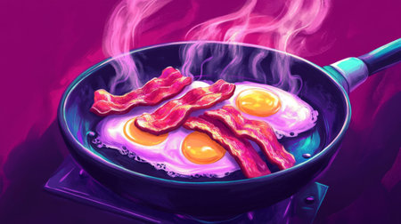 This vibrant image showcases sizzling bacon strips and sunny side up eggs in a frying pan. The colorful scene captures the joy of cooking a delicious breakfast.の素材