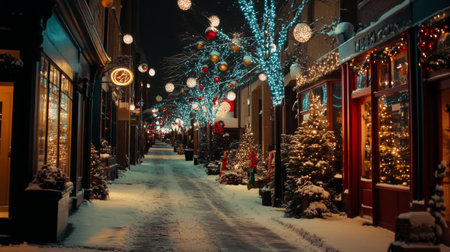 A stunning winter street scene at night, featuring snow-covered walkways adorned with colorful lights and festive ornaments, creating a magical holiday atmosphere.の素材