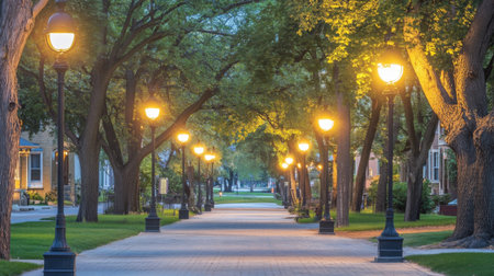 A picturesque tree-lined pathway bathed in warm light from elegant streetlamps, creating a tranquil evening atmosphere perfect for leisurely strolls and relaxation.の素材