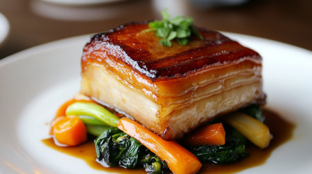 A beautifully presented glazed pork belly sits atop a vibrant medley of fresh vegetables, drizzled with savory sauce, showcasing culinary artistry and flavor.の素材