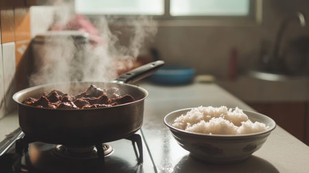 A delightful home-cooked meal featuring steaming meat on a stovetop alongside a bowl of fluffy rice. Capture the essence of culinary warmth and comfort.の素材