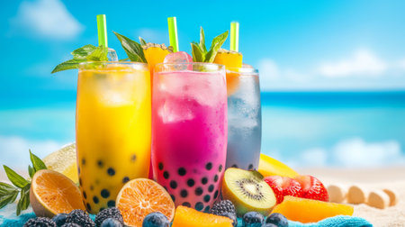 Three colorful tropical fruit drinks with bubbles are arranged beautifully, showcasing vibrant ingredients against a serene beach backdrop, perfect for summer enjoyment.の素材