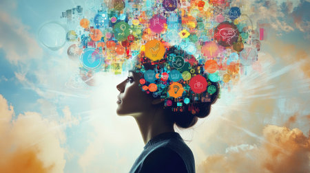 A vibrant image of a person with a thought bubble above their head, filled with colorful icons and symbols, representing a surge of creative ideas and inspiration.の素材
