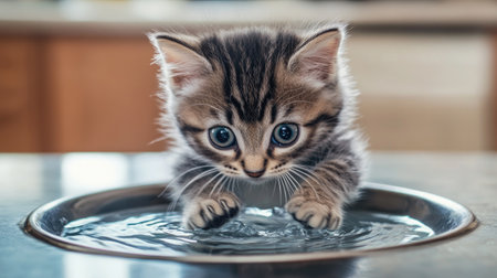 A kitten curiously exploring a small, shallow dish of water on a countertop, with its little paws making ripples and a look of wonder on its face.の素材