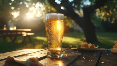 A refreshing glass of beer sits on a wooden table in a sunlit outdoor space, creating a serene atmosphere. Perfect for summer gatherings and relaxation.の素材