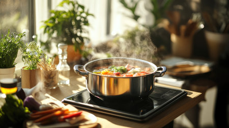 A modern kitchen setting with a high-quality hot pot on a portable stove, filled with rich broth and an assortment of ingredients, ready to be served.の素材