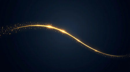 A stunning golden light wave glides across a dark background, adorned with sparkles and glitter, creating an elegant and magical visual effect perfect for design projects.の素材