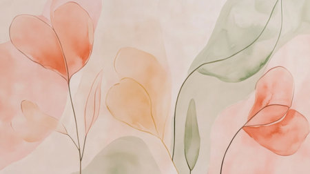 A soothing illustration featuring soft watercolor leaves and flowers in gentle hues, perfect for creating an elegant and serene atmosphere in any space.の素材