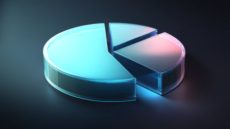 A sleek 3D pie chart featuring transparent sections and glowing edges, ideal for data analysis and business presentations on a dark background.の素材