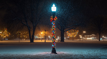 A tranquil snowy night in a park featuring a beautifully decorated lantern surrounded by vibrant holiday lights, creating a festive winter atmosphere.の素材