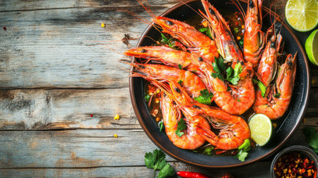 Enjoy a vibrant display of freshly cooked shrimp on a black plate, garnished with herbs and lime slices. Perfect for culinary inspiration or seafood dishes.の素材