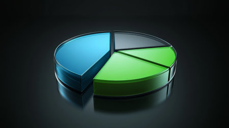 This image features a sleek, modern pie chart in vibrant colors, ideal for representing data analytics and business insights in professional presentations.の素材