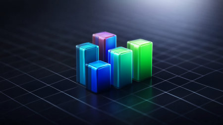 Vibrant 3D graph bars display data trends on a digital grid. This modern design represents analytics and growth in a visually appealing manner.の素材