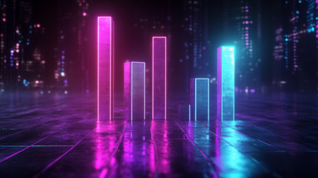 This stunning image showcases a neon bar graph reflecting on a sleek floor, set in a futuristic urban environment. The vibrant colors and modern design evoke a sense of technology and innovation suitable for data visualization concepts.の素材
