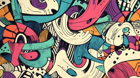 This vibrant abstract illustration features dynamic swirls and colorful shapes, creating a playful and energetic visual experience suitable for various design projects.の素材