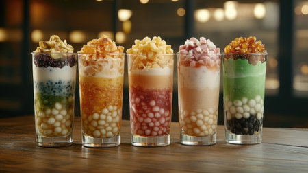 A refreshing bubble tea arranged on a wooden table, featuring a variety of flavors like matcha, taro, and classic milk tea, with colorful tapioca pearls in each cupの素材