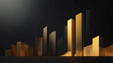 This abstract graphic features a stunning golden city skyline with modern architectural structures, showcasing creativity and elegance in a minimalistic style.の素材