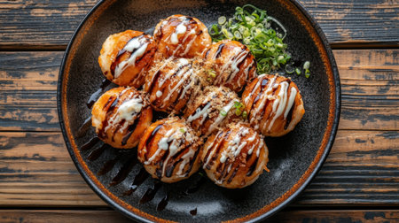 Enjoy a plate of delicious Japanese Takoyaki balls topped with savory sauces and garnished with green onion. Perfect for a delightful meal or snack!の素材