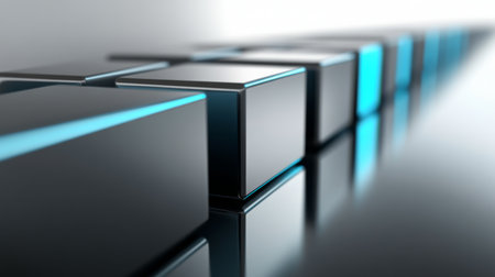 A visually striking image featuring abstract blocks with glowing edges set against a smooth reflective surface, creating a modern and futuristic design.の素材