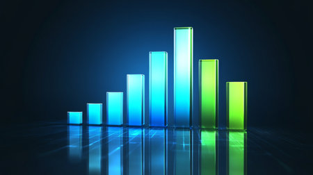 A vibrant bar graph illustrating financial growth with luminous colors on a dark background. It symbolizes business success, data analysis, and market trends.の素材
