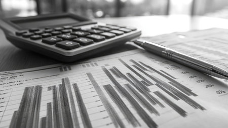 A high-definition image of a financial report with stacked bar graphs and trend lines, laid out on a modern desk with a digital calculator and pen.の素材
