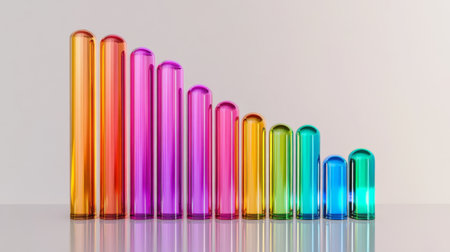 This image showcases a striking arrangement of colorful glass tubes in a gradient of height. The bright colors and smooth textures create a modern aesthetic suitable for artistic and scientific themes.の素材