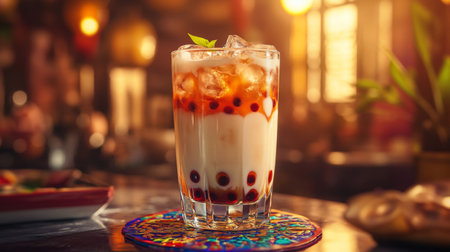 A vibrant glass filled with a refreshing drink featuring ice and tapioca pearls. The inviting ambiance is enhanced by warm lighting and colorful decor, perfect for summer enjoyment.の素材