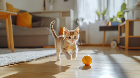 A playful scene of a kitten chasing a ball of yarn on a hardwood floor, capturing the fun and energy of playful pets in a bright and cheerful living room.の素材